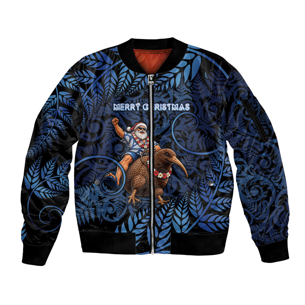 New Zealand Christmas Sleeve Zip Bomber Jacket Santa Riding Kiwi Bird Silver Fern