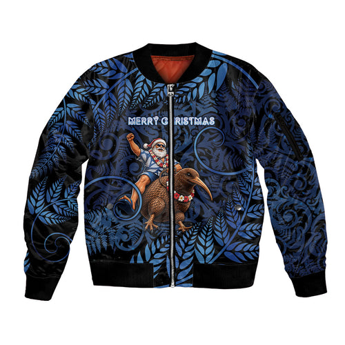 New Zealand Christmas Sleeve Zip Bomber Jacket Santa Riding Kiwi Bird Silver Fern