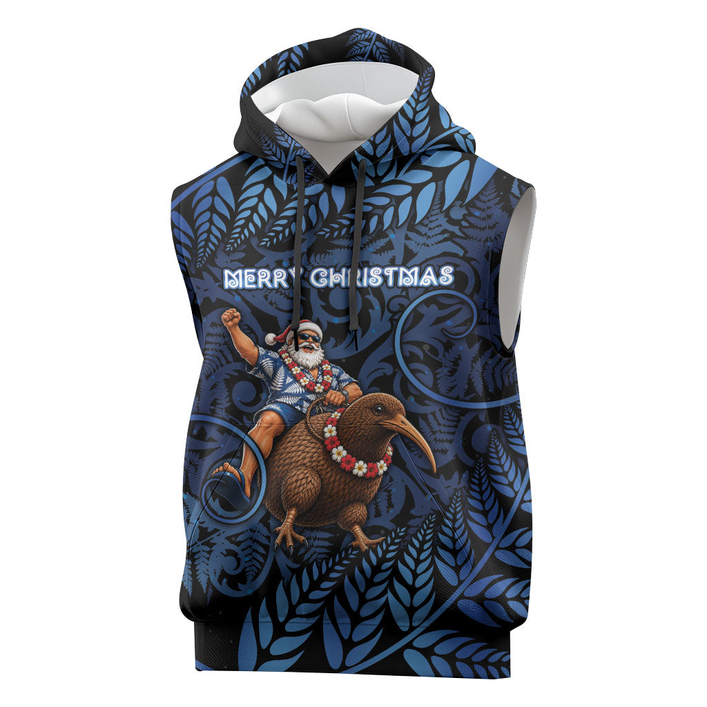 New Zealand Christmas Sleeveless Hoodie Santa Riding Kiwi Bird Silver Fern