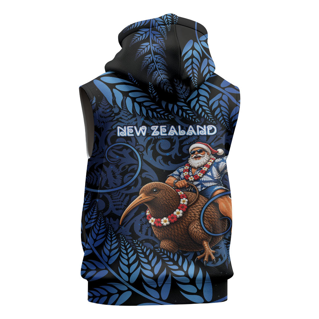New Zealand Christmas Sleeveless Hoodie Santa Riding Kiwi Bird Silver Fern