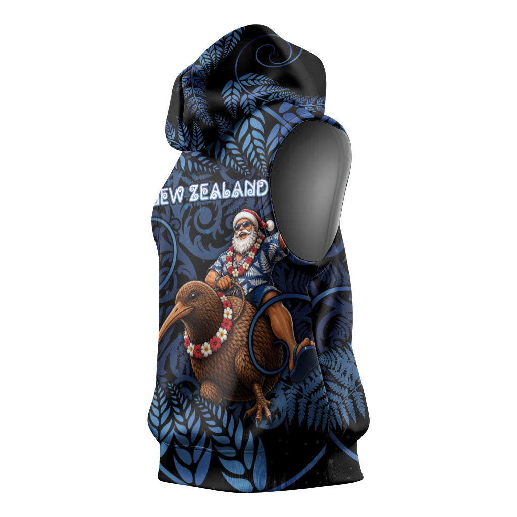 New Zealand Christmas Sleeveless Hoodie Santa Riding Kiwi Bird Silver Fern