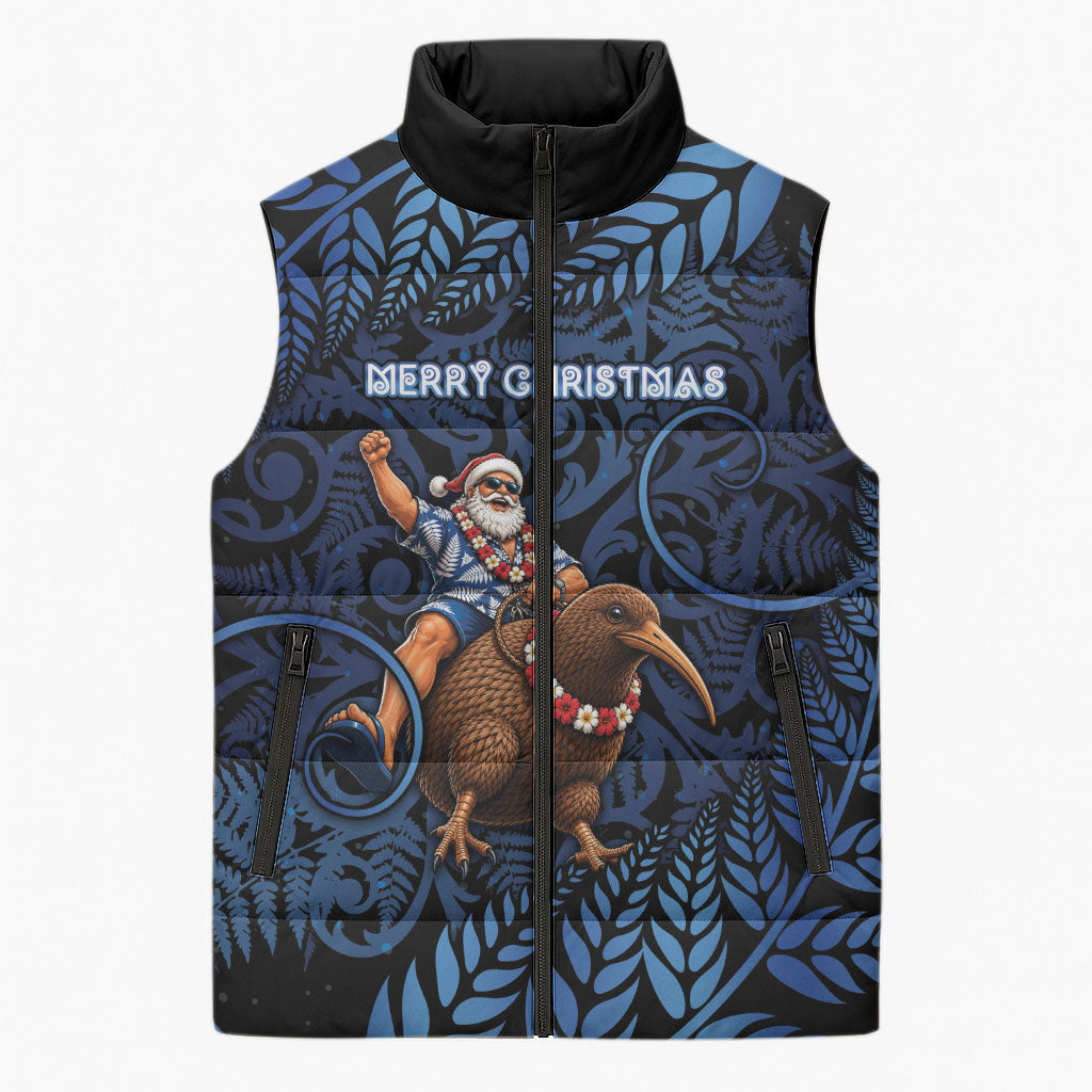 New Zealand Christmas Sleeveless Puffer Jacket Santa Riding Kiwi Bird Silver Fern