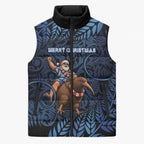 New Zealand Christmas Sleeveless Puffer Jacket Santa Riding Kiwi Bird Silver Fern