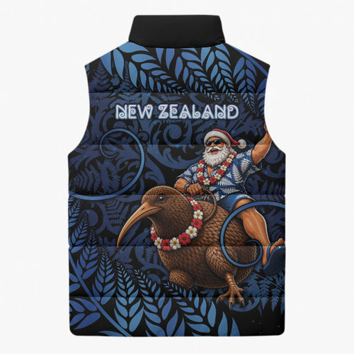 New Zealand Christmas Sleeveless Puffer Jacket Santa Riding Kiwi Bird Silver Fern