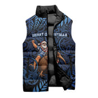 New Zealand Christmas Sleeveless Puffer Jacket Santa Riding Kiwi Bird Silver Fern