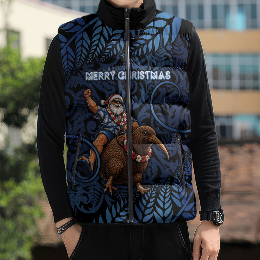 New Zealand Christmas Sleeveless Puffer Jacket Santa Riding Kiwi Bird Silver Fern