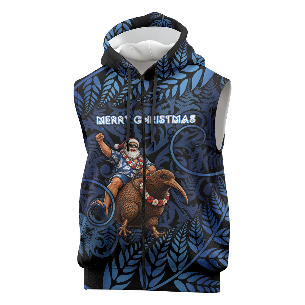 New Zealand Christmas Sleeveless Zip Hoodie Santa Riding Kiwi Bird Silver Fern