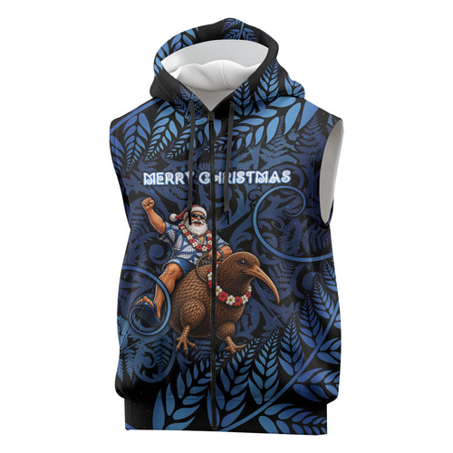 New Zealand Christmas Sleeveless Zip Hoodie Santa Riding Kiwi Bird Silver Fern