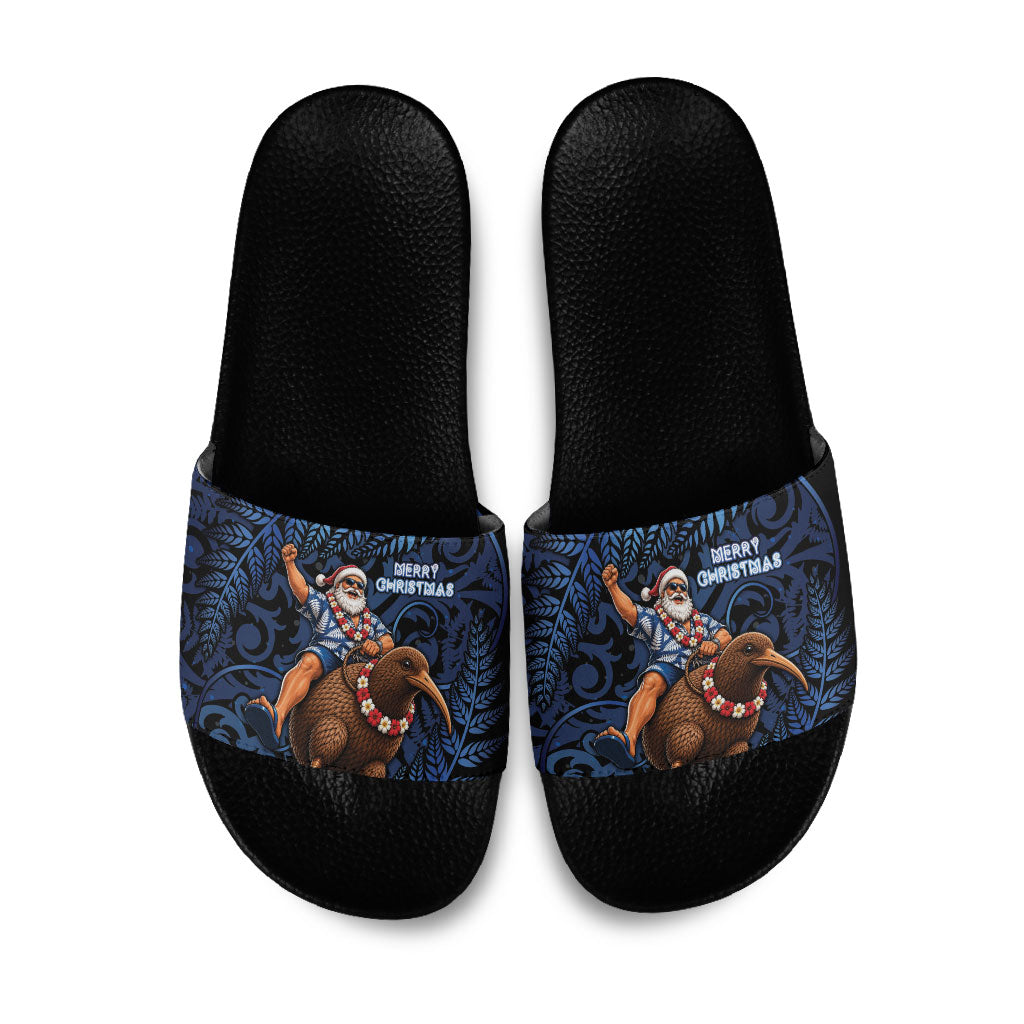New Zealand Christmas Slide Sandals Santa Riding Kiwi Bird Silver Fern