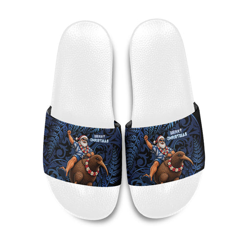 New Zealand Christmas Slide Sandals Santa Riding Kiwi Bird Silver Fern
