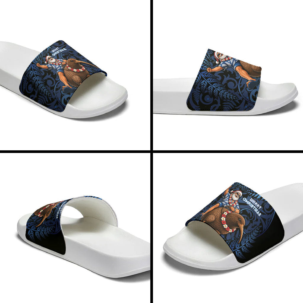 New Zealand Christmas Slide Sandals Santa Riding Kiwi Bird Silver Fern