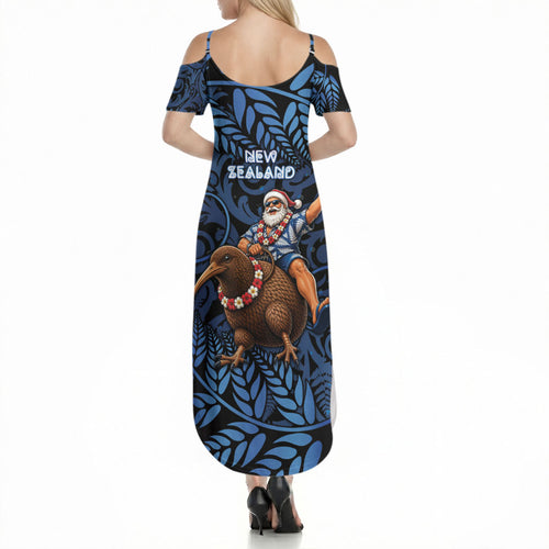 New Zealand Christmas Summer Maxi Dress Santa Riding Kiwi Bird Silver Fern