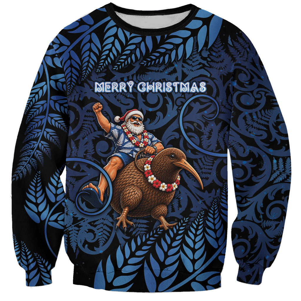 New Zealand Christmas Sweatshirt Santa Riding Kiwi Bird Silver Fern