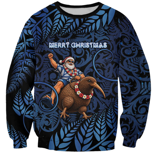 New Zealand Christmas Sweatshirt Santa Riding Kiwi Bird Silver Fern