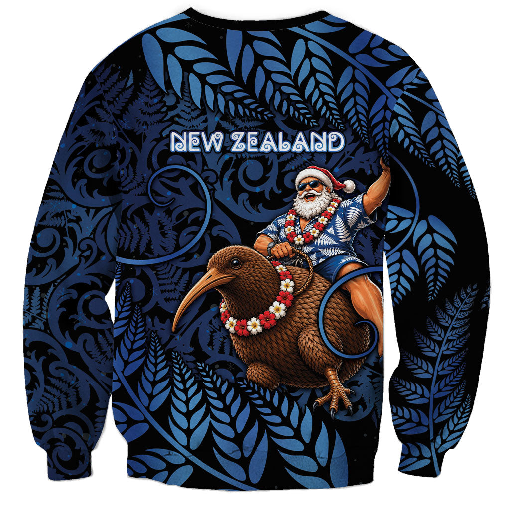 New Zealand Christmas Sweatshirt Santa Riding Kiwi Bird Silver Fern