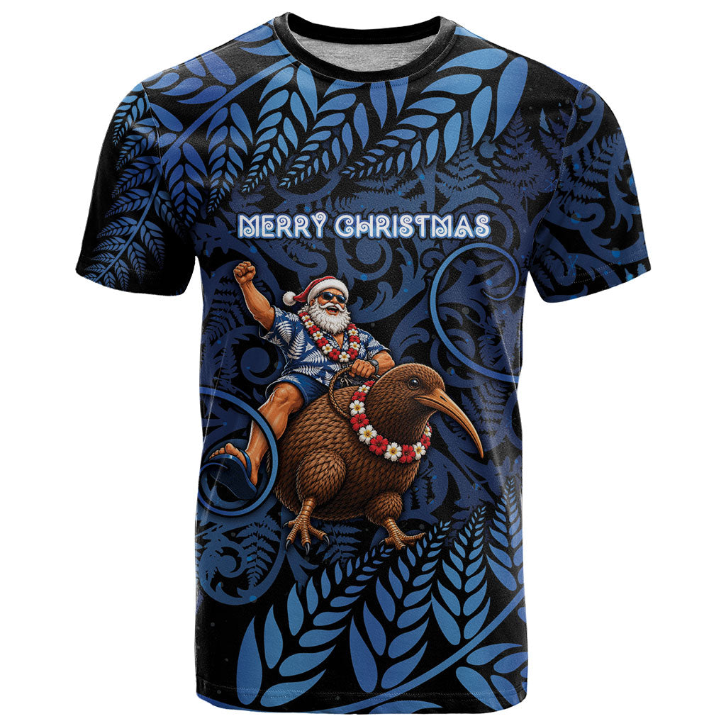 New Zealand Christmas T Shirt Santa Riding Kiwi Bird Silver Fern