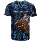 New Zealand Christmas T Shirt Santa Riding Kiwi Bird Silver Fern