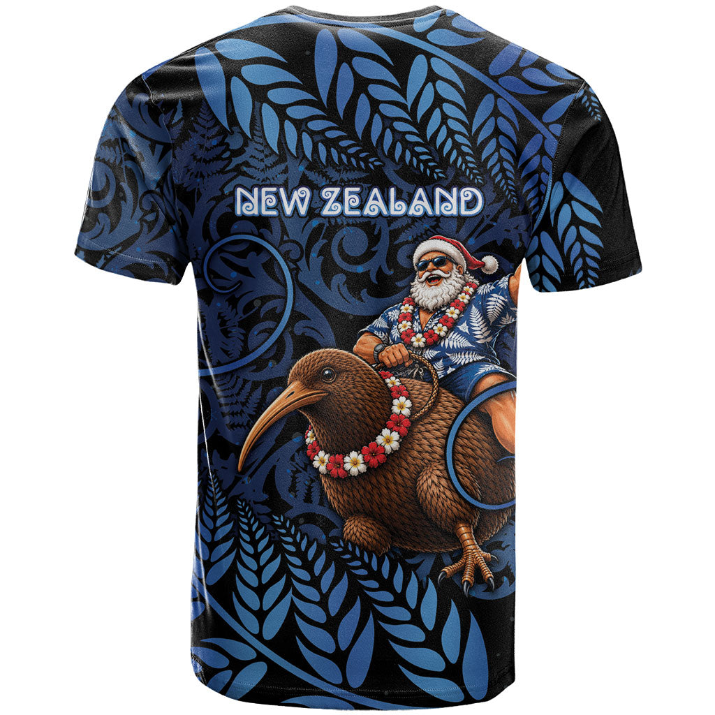 New Zealand Christmas T Shirt Santa Riding Kiwi Bird Silver Fern