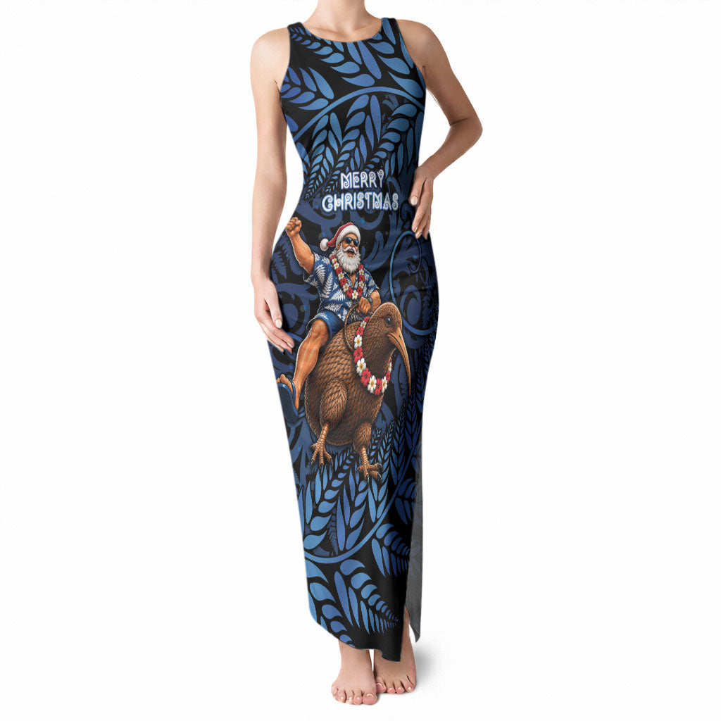New Zealand Christmas Tank Maxi Dress Santa Riding Kiwi Bird Silver Fern