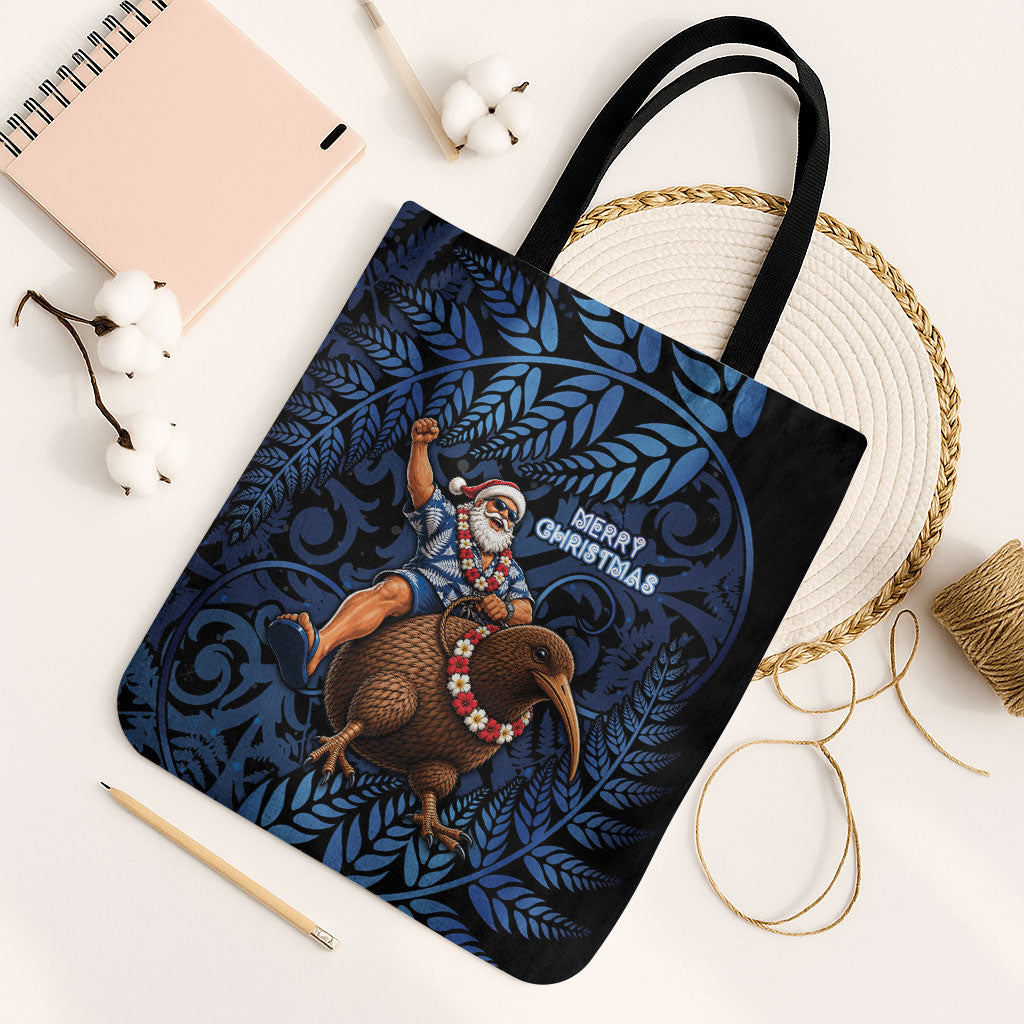 New Zealand Christmas Tote Bag Santa Riding Kiwi Bird Silver Fern