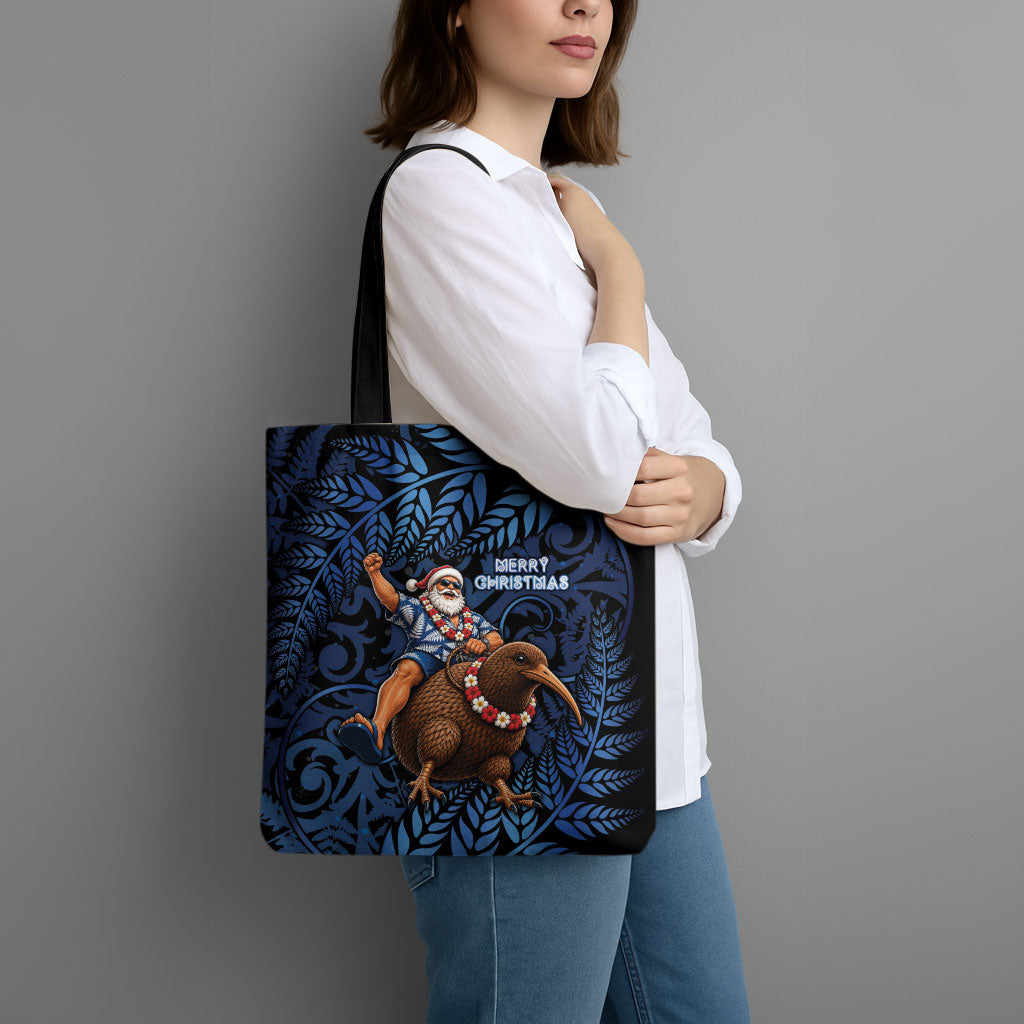 New Zealand Christmas Tote Bag Santa Riding Kiwi Bird Silver Fern