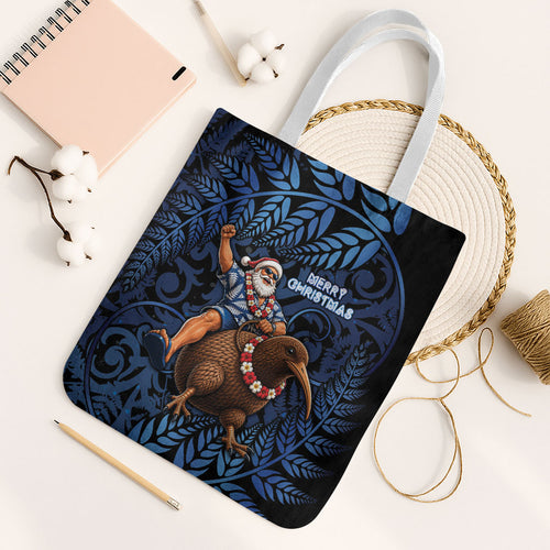 New Zealand Christmas Tote Bag Santa Riding Kiwi Bird Silver Fern