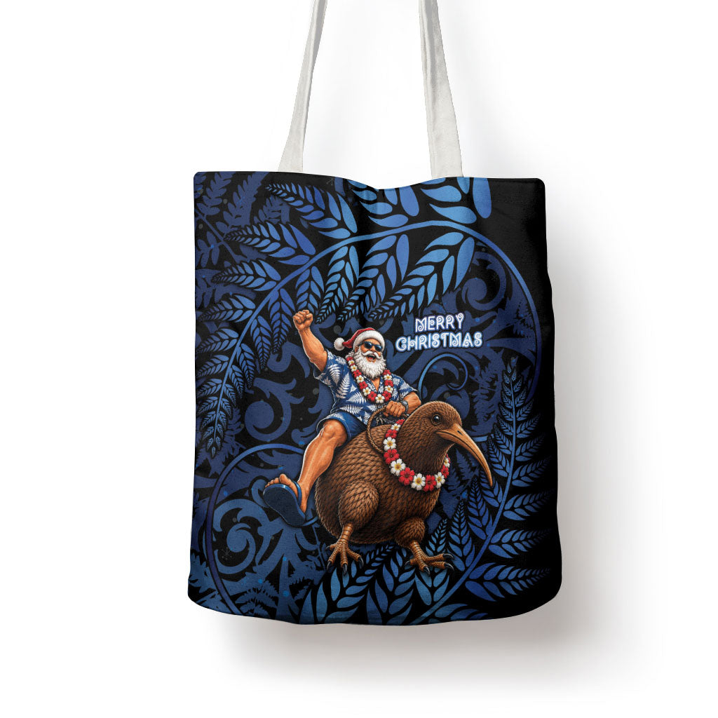 New Zealand Christmas Tote Bag Santa Riding Kiwi Bird Silver Fern