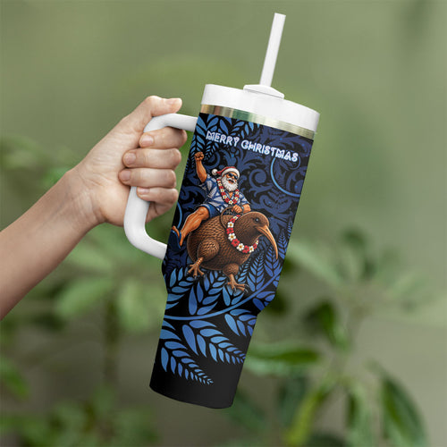 New Zealand Christmas Tumbler With Handle Santa Riding Kiwi Bird Silver Fern