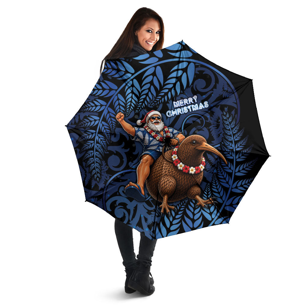 New Zealand Christmas Umbrella Santa Riding Kiwi Bird Silver Fern