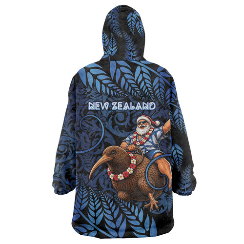 New Zealand Christmas Wearable Blanket Hoodie Santa Riding Kiwi Bird Silver Fern