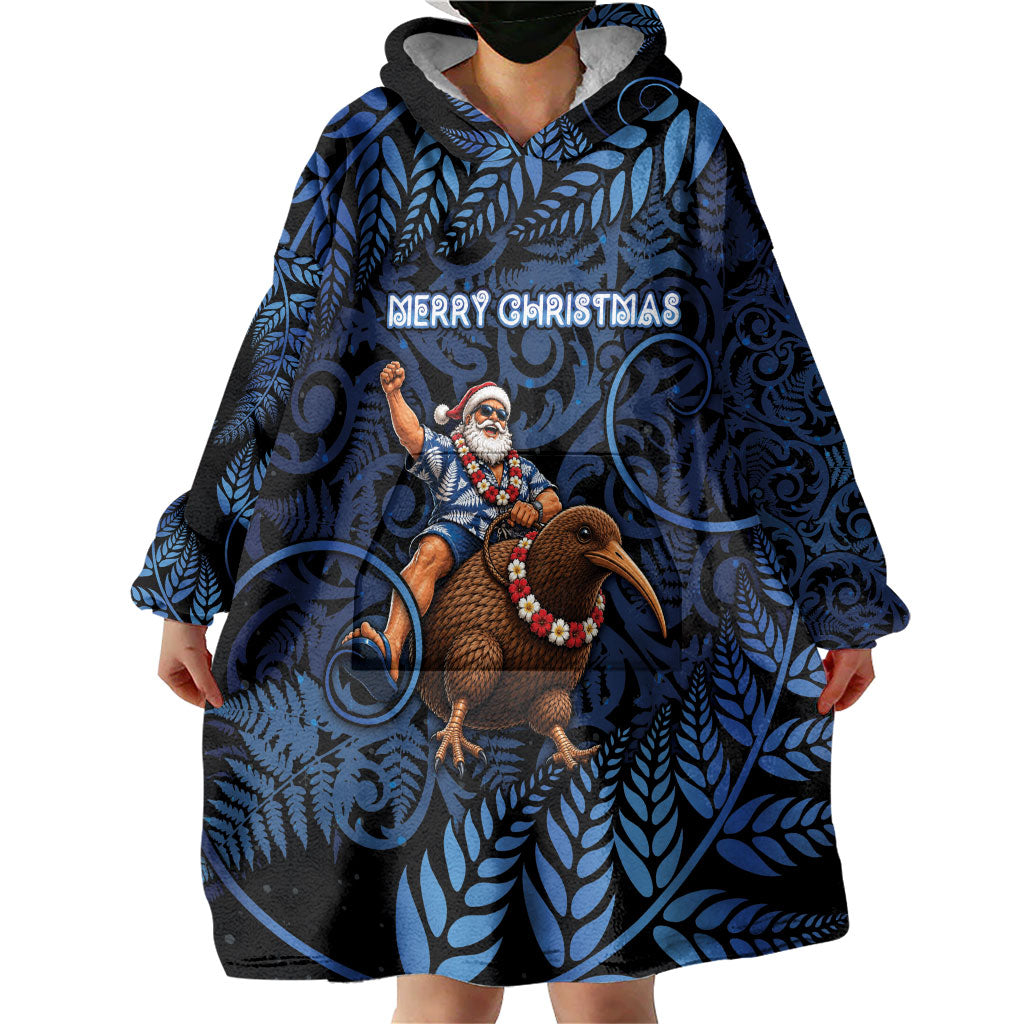 New Zealand Christmas Wearable Blanket Hoodie Santa Riding Kiwi Bird Silver Fern
