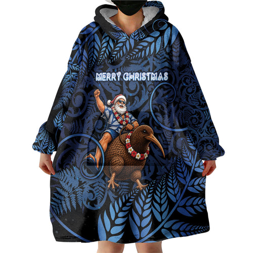 New Zealand Christmas Wearable Blanket Hoodie Santa Riding Kiwi Bird Silver Fern