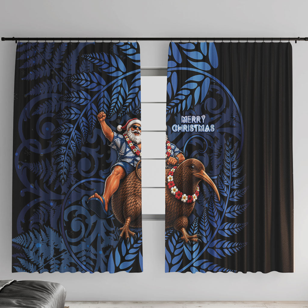 New Zealand Christmas Window Curtain Santa Riding Kiwi Bird Silver Fern