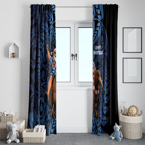 New Zealand Christmas Window Curtain Santa Riding Kiwi Bird Silver Fern
