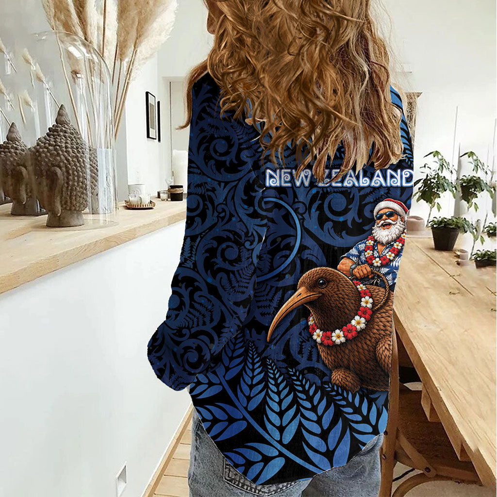 New Zealand Christmas Women Casual Shirt Santa Riding Kiwi Bird Silver Fern