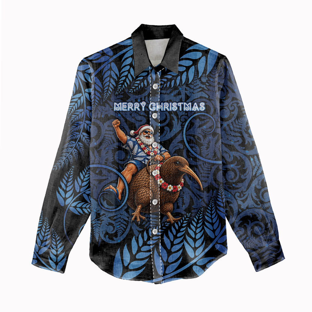 New Zealand Christmas Women Casual Shirt Santa Riding Kiwi Bird Silver Fern