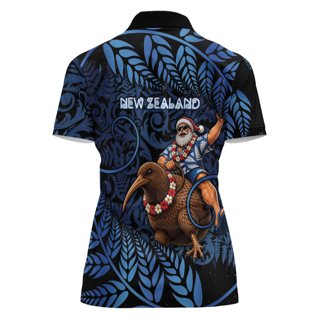 New Zealand Christmas Women Polo Shirt Santa Riding Kiwi Bird Silver Fern