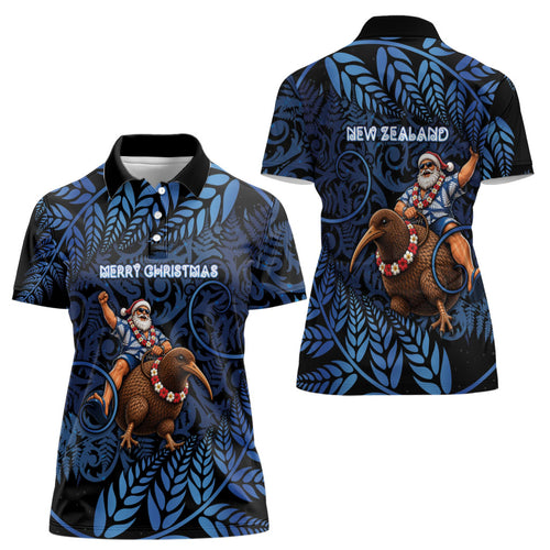 New Zealand Christmas Women Polo Shirt Santa Riding Kiwi Bird Silver Fern