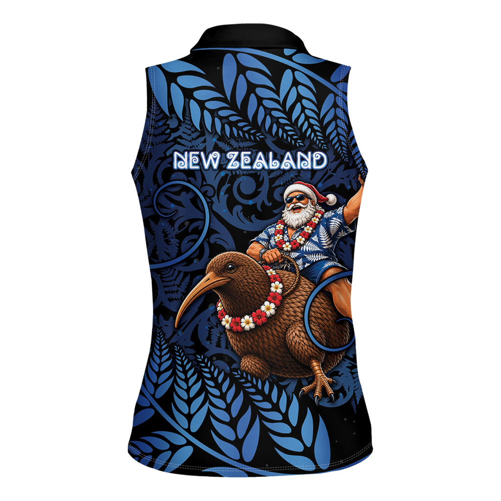 New Zealand Christmas Women Sleeveless Polo Shirt Santa Riding Kiwi Bird Silver Fern