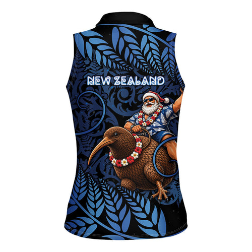 New Zealand Christmas Women Sleeveless Polo Shirt Santa Riding Kiwi Bird Silver Fern