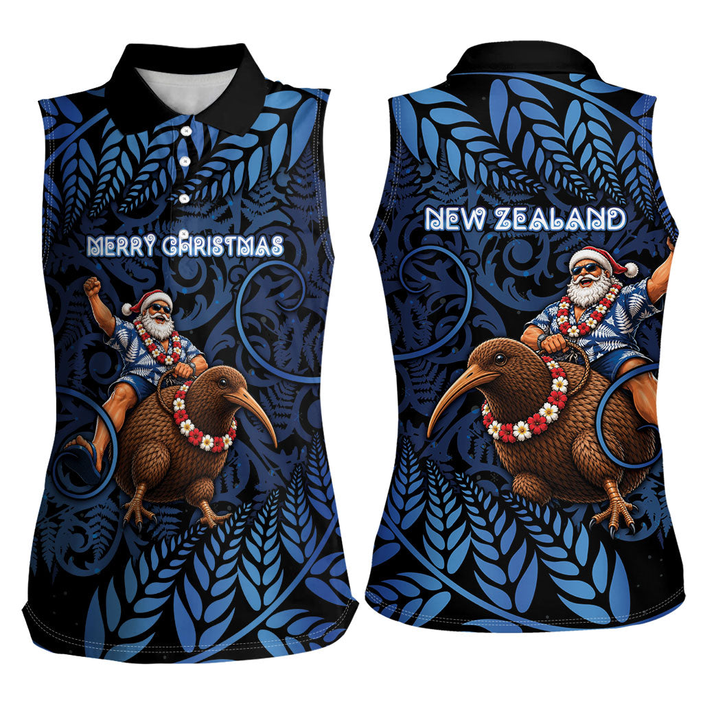 New Zealand Christmas Women Sleeveless Polo Shirt Santa Riding Kiwi Bird Silver Fern