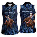 New Zealand Christmas Women Sleeveless Polo Shirt Santa Riding Kiwi Bird Silver Fern