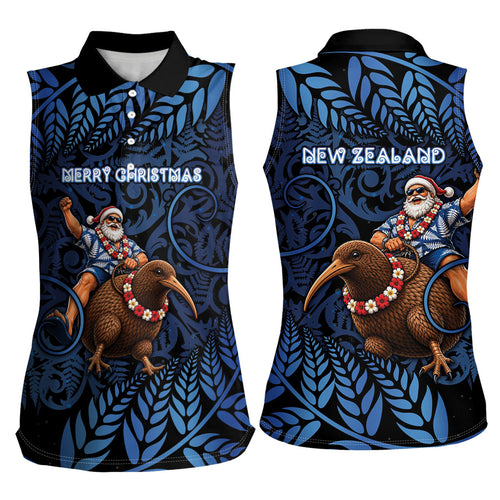 New Zealand Christmas Women Sleeveless Polo Shirt Santa Riding Kiwi Bird Silver Fern