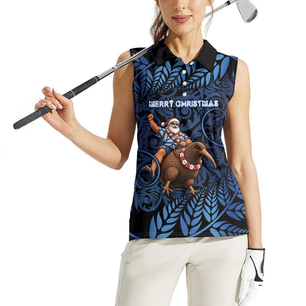 New Zealand Christmas Women Sleeveless Polo Shirt Santa Riding Kiwi Bird Silver Fern