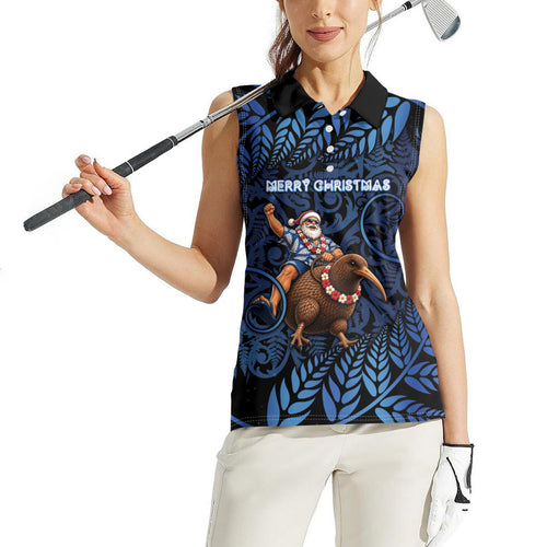 New Zealand Christmas Women Sleeveless Polo Shirt Santa Riding Kiwi Bird Silver Fern