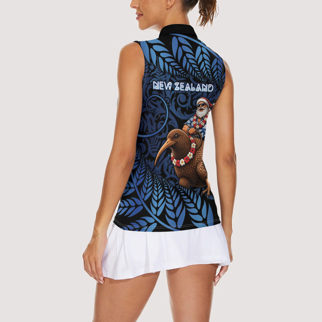 New Zealand Christmas Women Sleeveless Polo Shirt Santa Riding Kiwi Bird Silver Fern