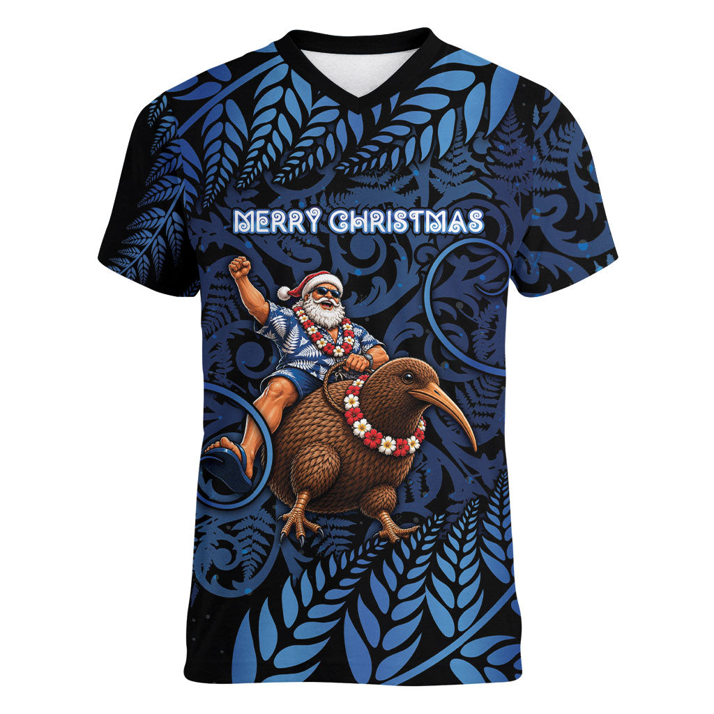 New Zealand Christmas Women V-Neck T-Shirt Santa Riding Kiwi Bird Silver Fern