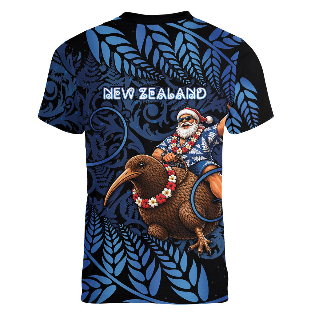 New Zealand Christmas Women V-Neck T-Shirt Santa Riding Kiwi Bird Silver Fern