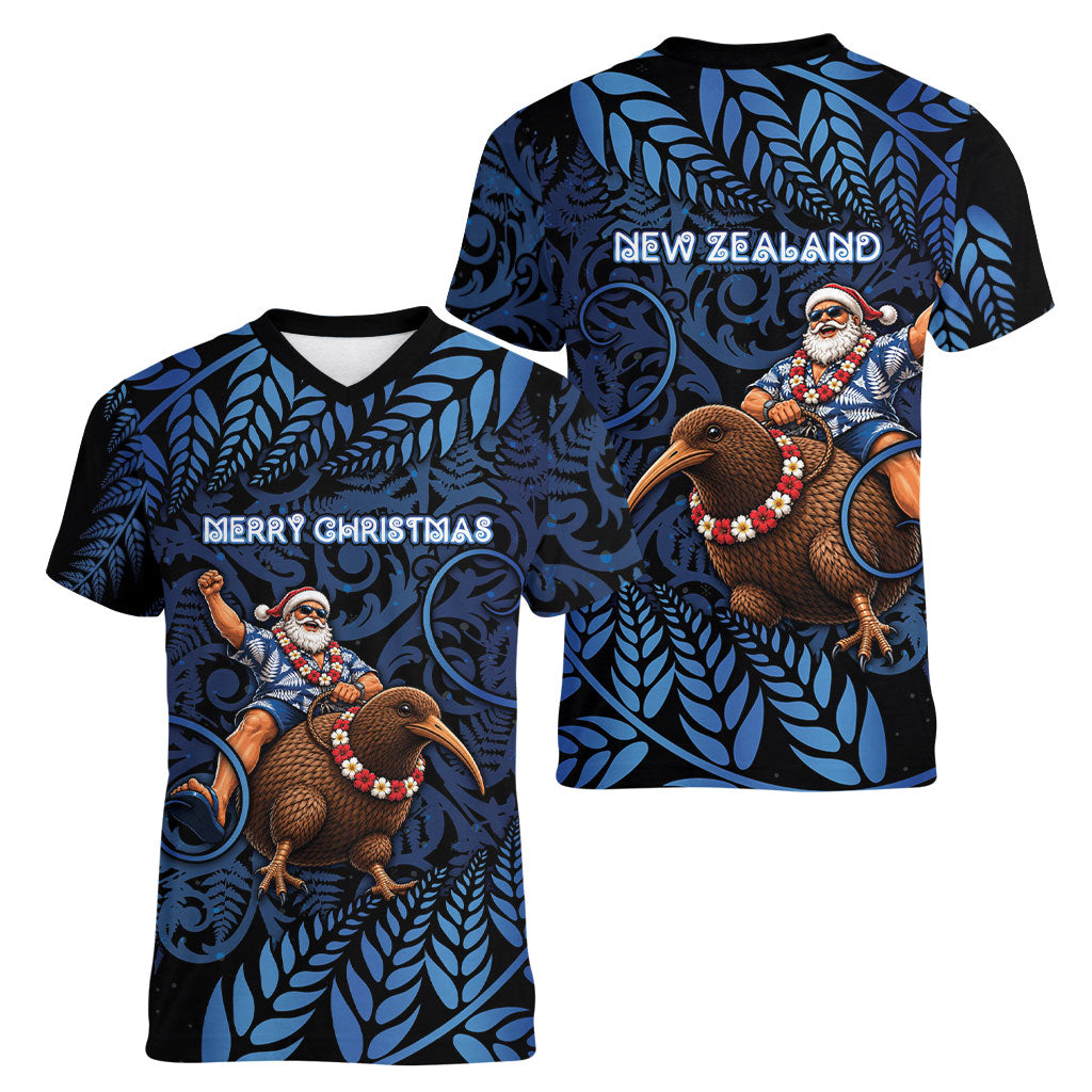New Zealand Christmas Women V-Neck T-Shirt Santa Riding Kiwi Bird Silver Fern