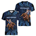 New Zealand Christmas Women V-Neck T-Shirt Santa Riding Kiwi Bird Silver Fern